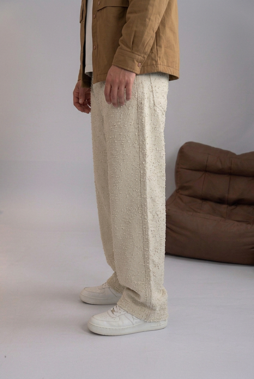 Baggy Fit Trousers with Textured Fabric – Ecru
