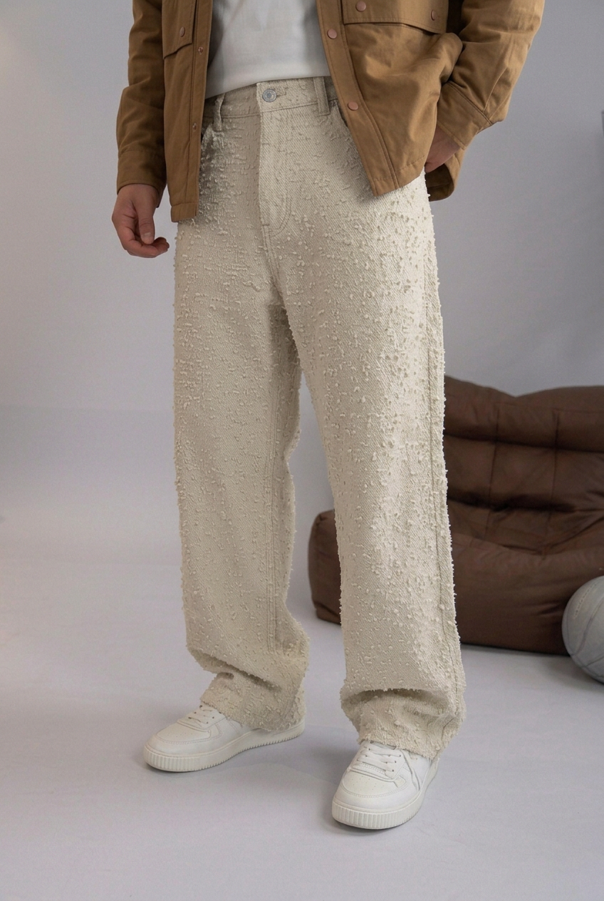 Baggy Fit Trousers with Textured Fabric – Ecru