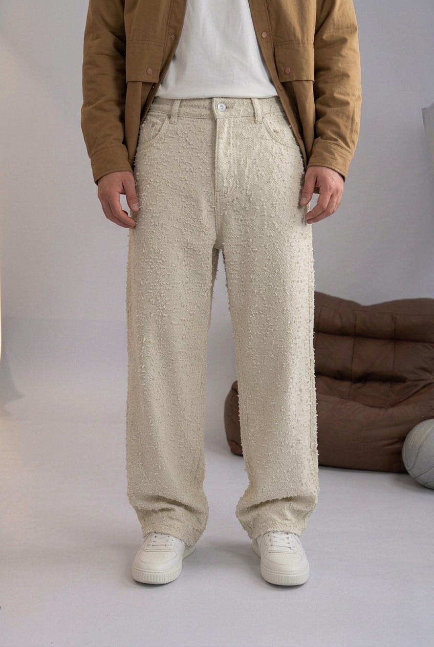 Baggy Fit Trousers with Textured Fabric – Ecru