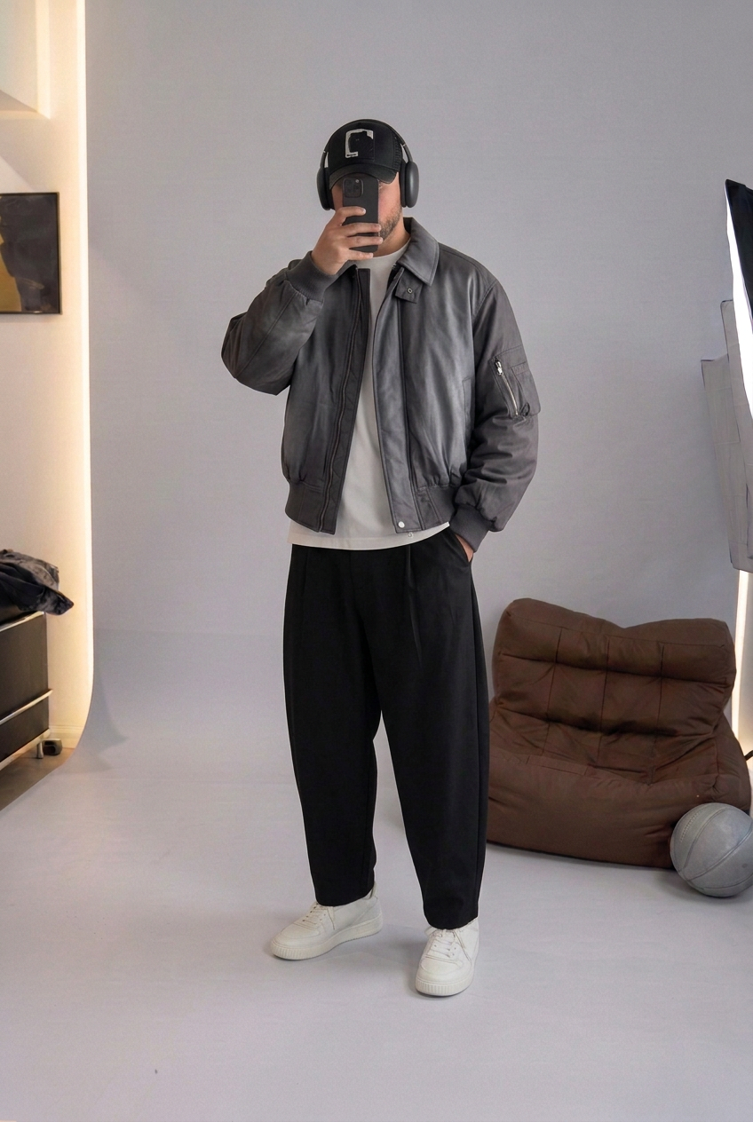 Oversized Bomber Jacket with Leather Effect – Charcoal