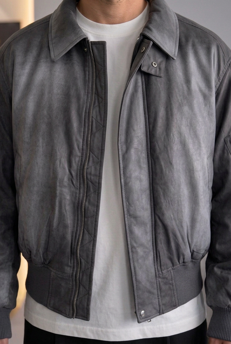 Oversized Bomber Jacket with Leather Effect – Charcoal