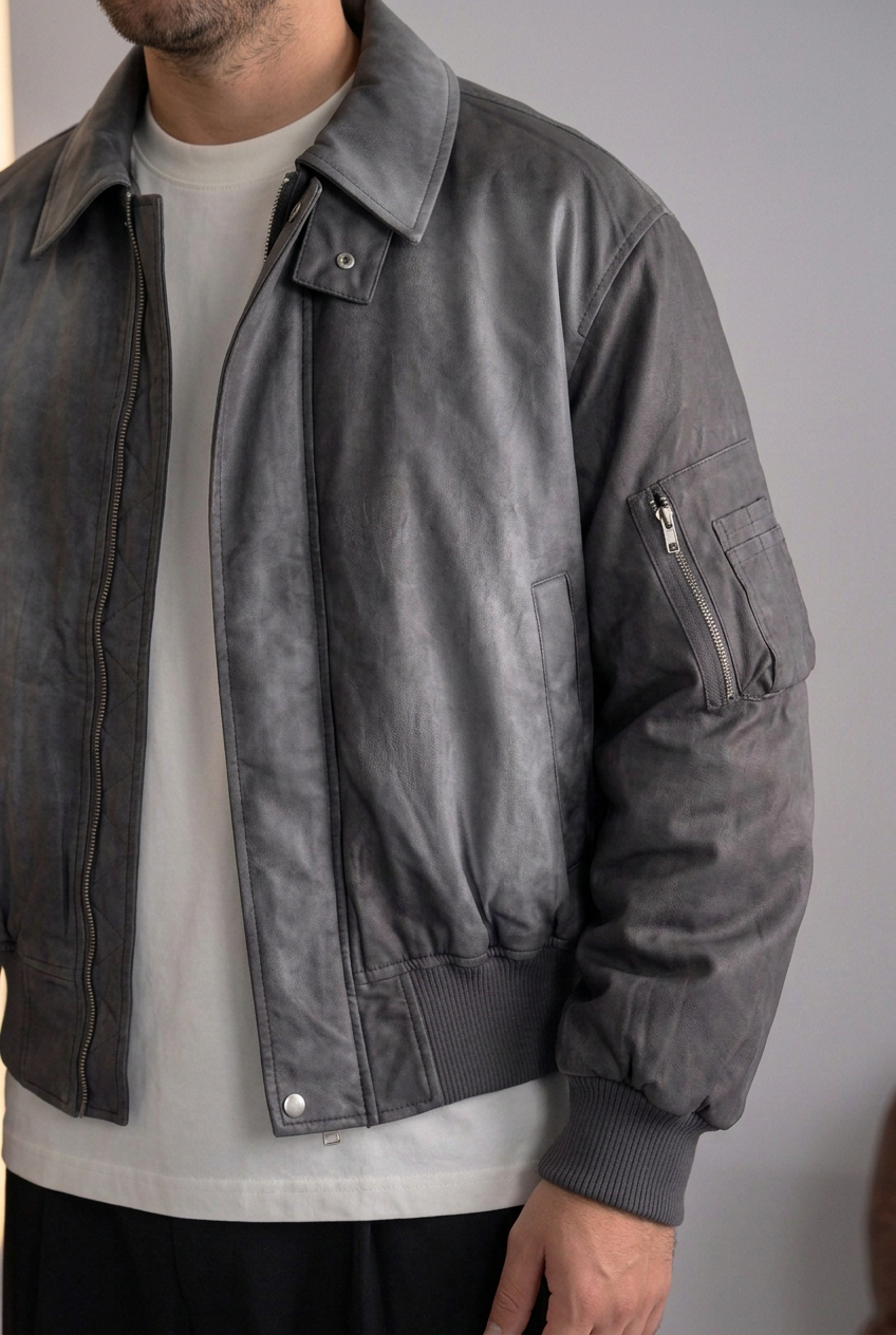 Oversized Bomber Jacket with Leather Effect – Charcoal
