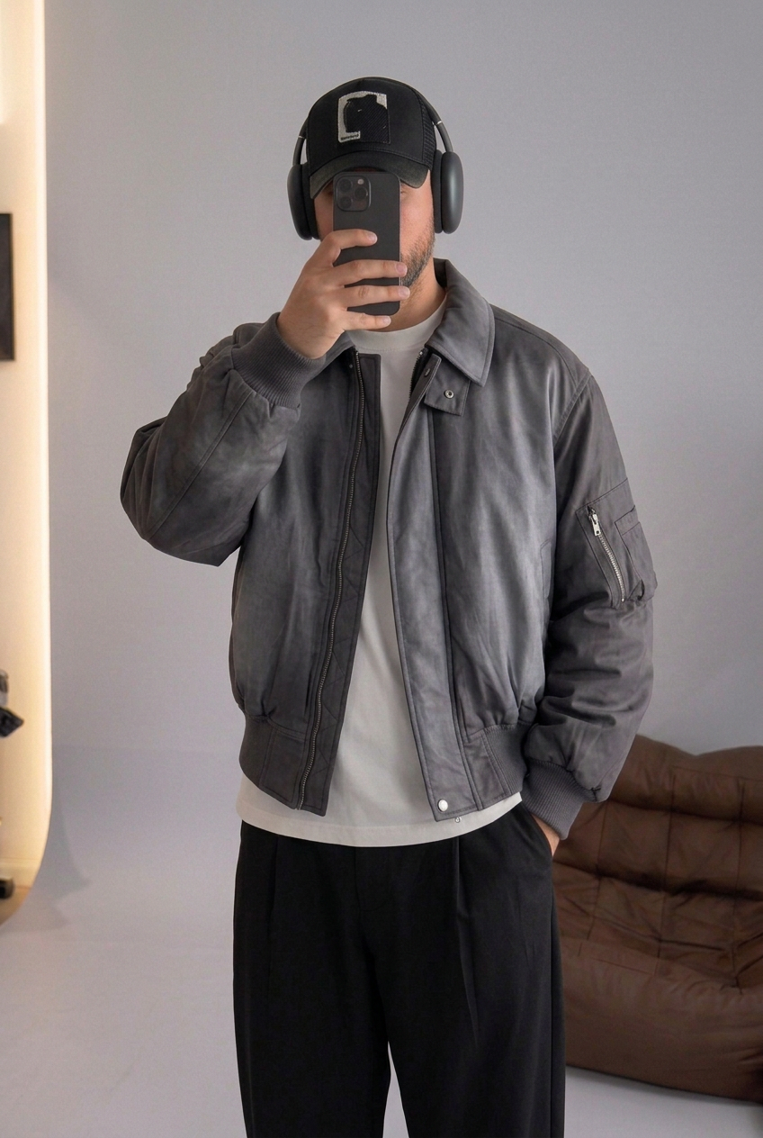 Oversized Bomber Jacket with Leather Effect – Charcoal