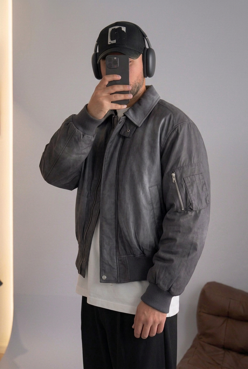 Oversized Bomber Jacket with Leather Effect – Charcoal
