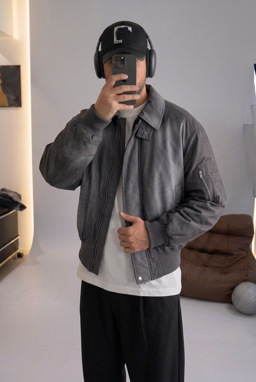 Oversized Bomber Jacket with Leather Effect – Charcoal