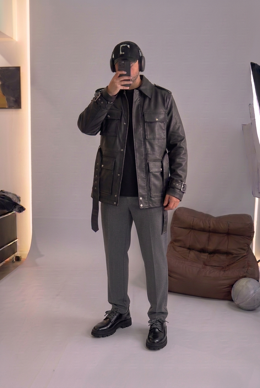 Leather Jacket with Belt & Cargo Pockets – Black