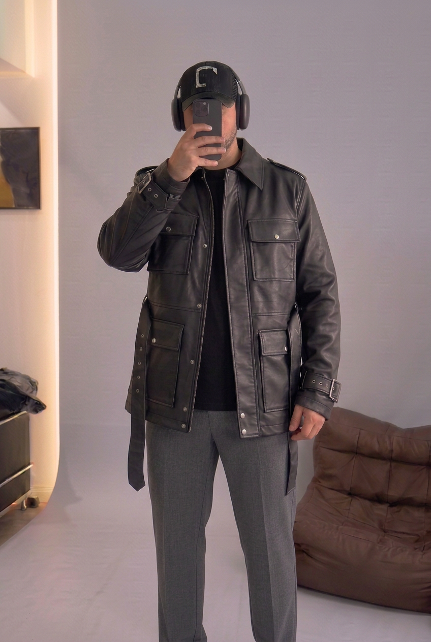 Leather Jacket with Belt & Cargo Pockets – Black