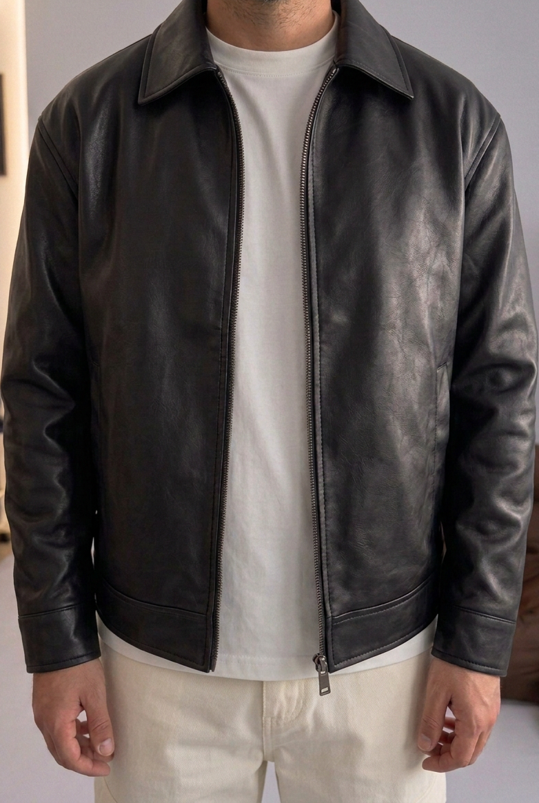 Leather Jacket with Zip – Black