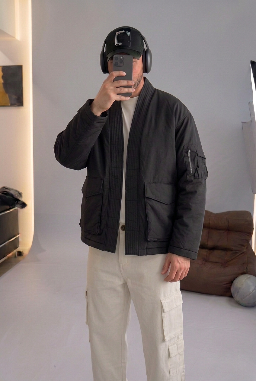 High-Neck Kimono Bomber Jacket – Black