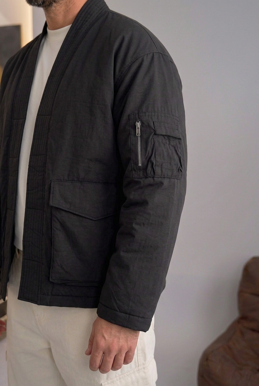 High-Neck Kimono Bomber Jacket – Black