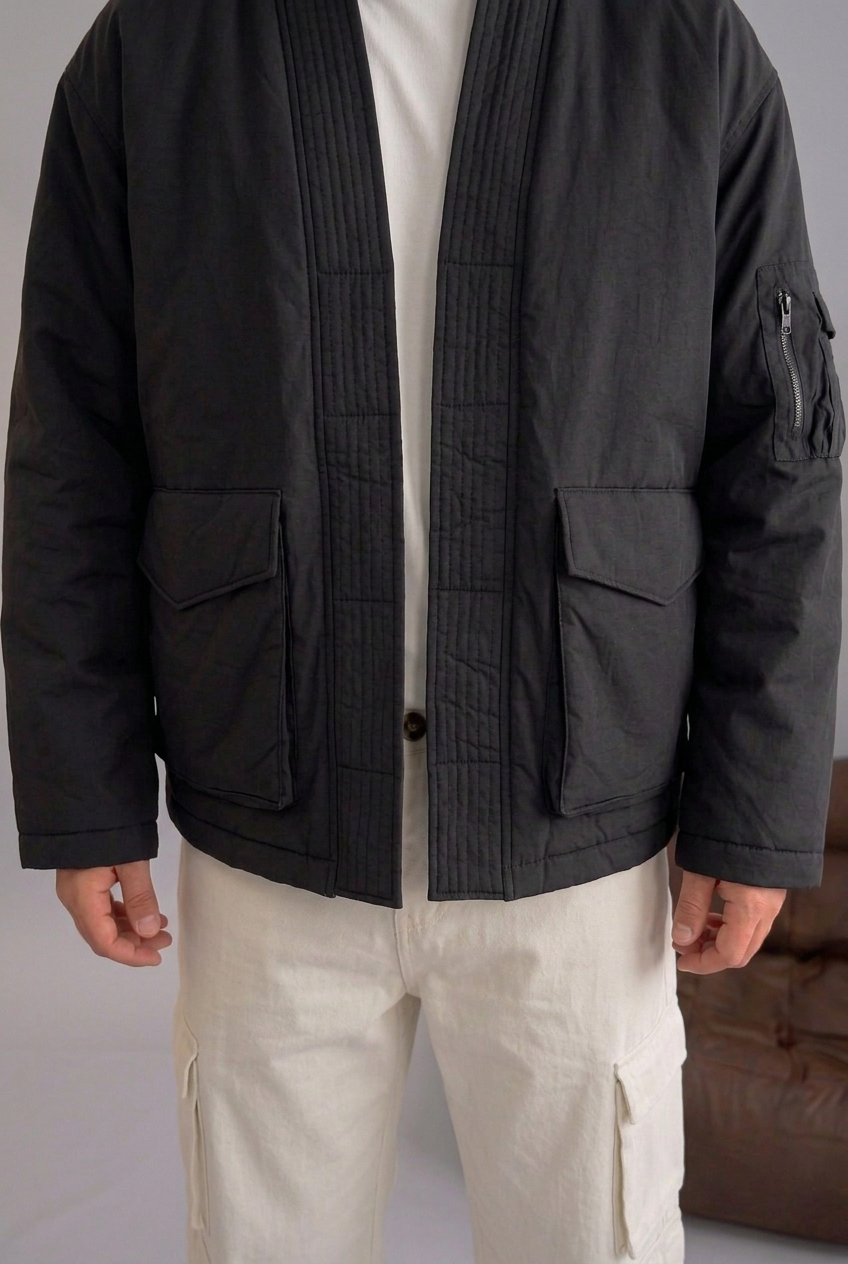 High-Neck Kimono Bomber Jacket – Black
