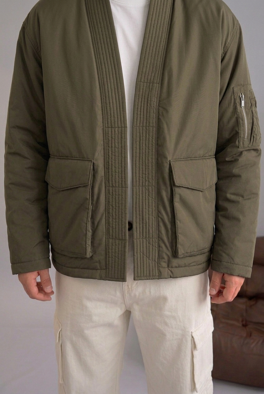 High-Neck Kimono Bomber Jacket – Khaki