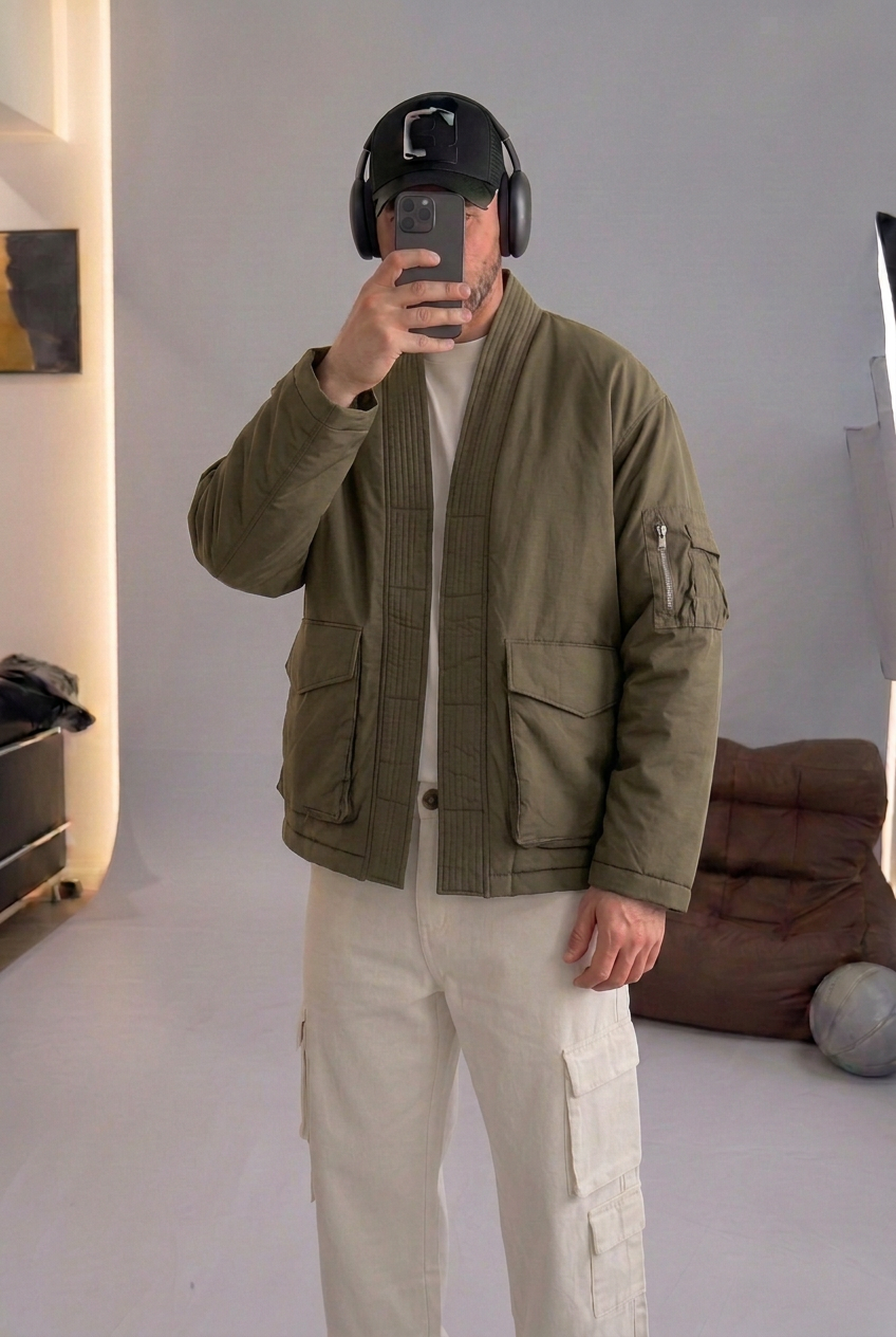 High-Neck Kimono Bomber Jacket – Khaki
