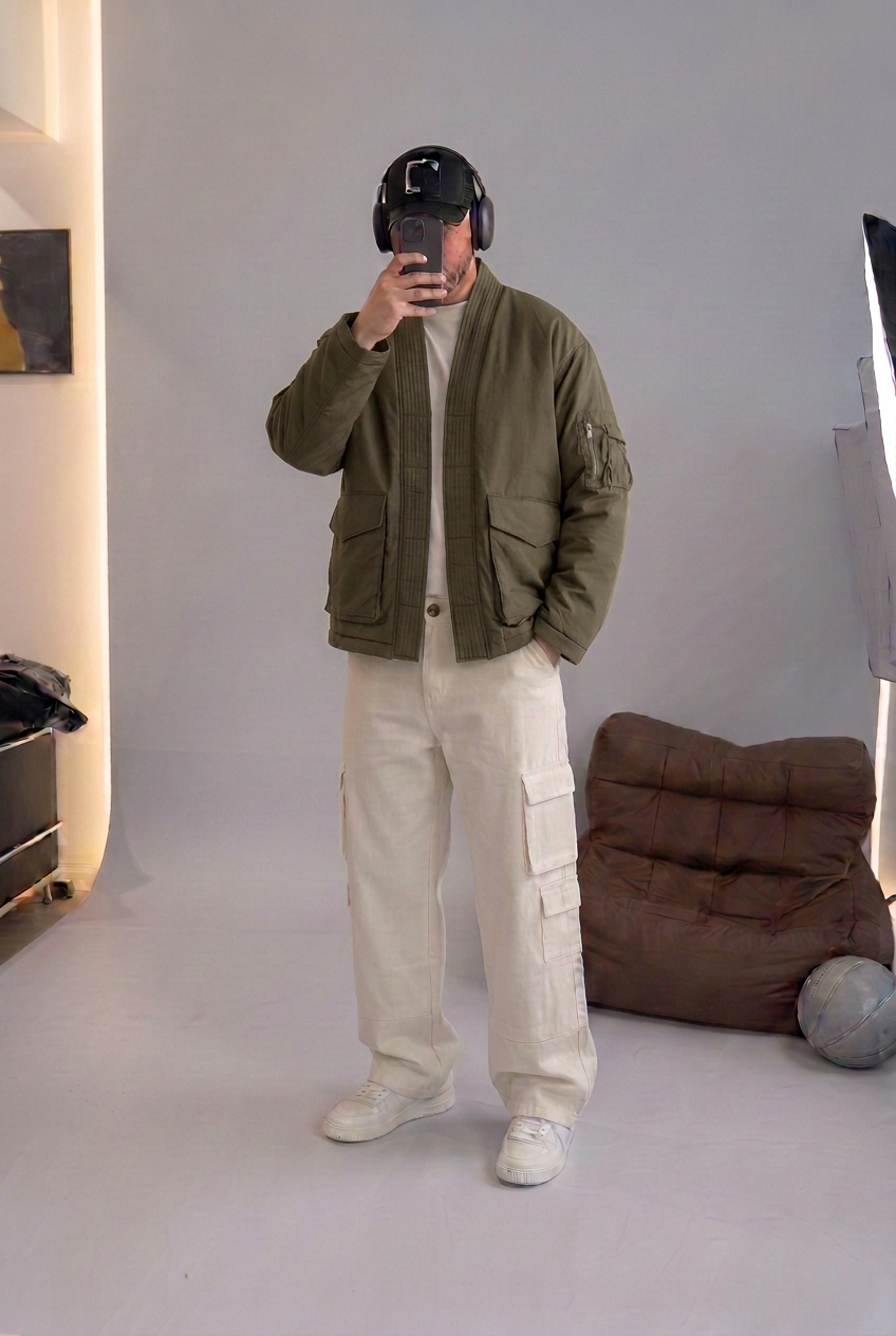 High-Neck Kimono Bomber Jacket – Khaki