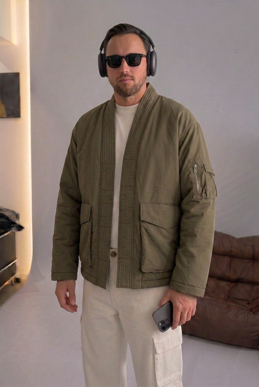 High-Neck Kimono Bomber Jacket – Khaki