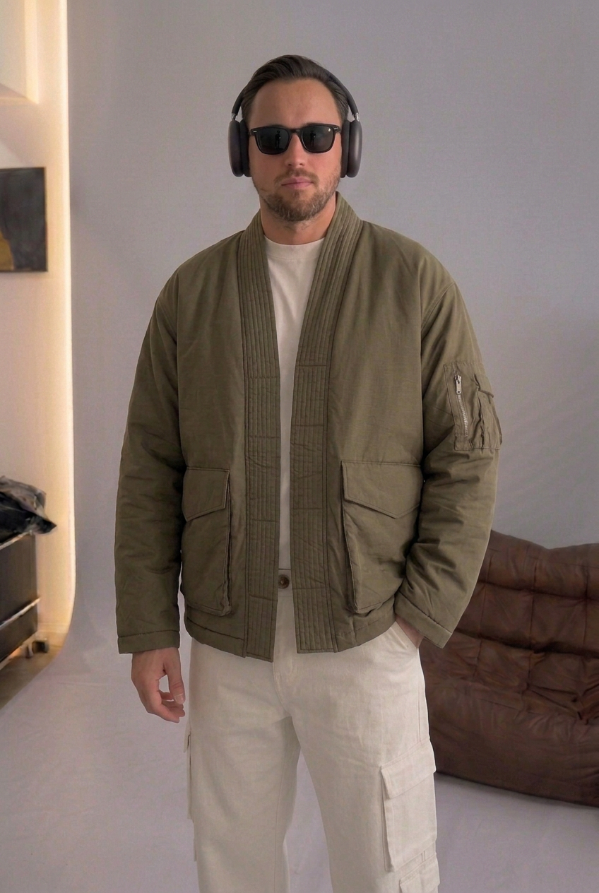 High-Neck Kimono Bomber Jacket – Khaki