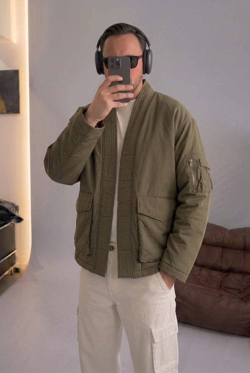 High-Neck Kimono Bomber Jacket – Khaki