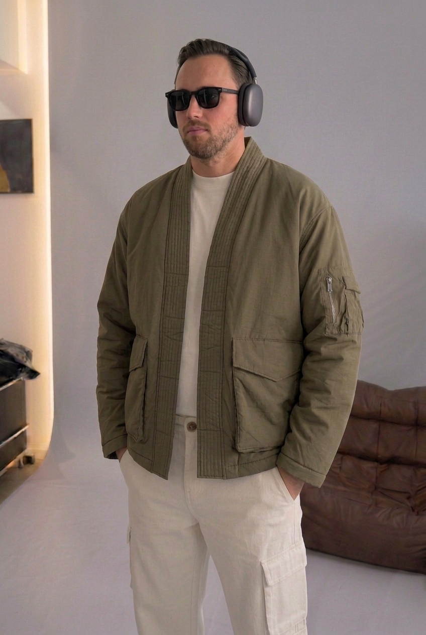 High-Neck Kimono Bomber Jacket – Khaki