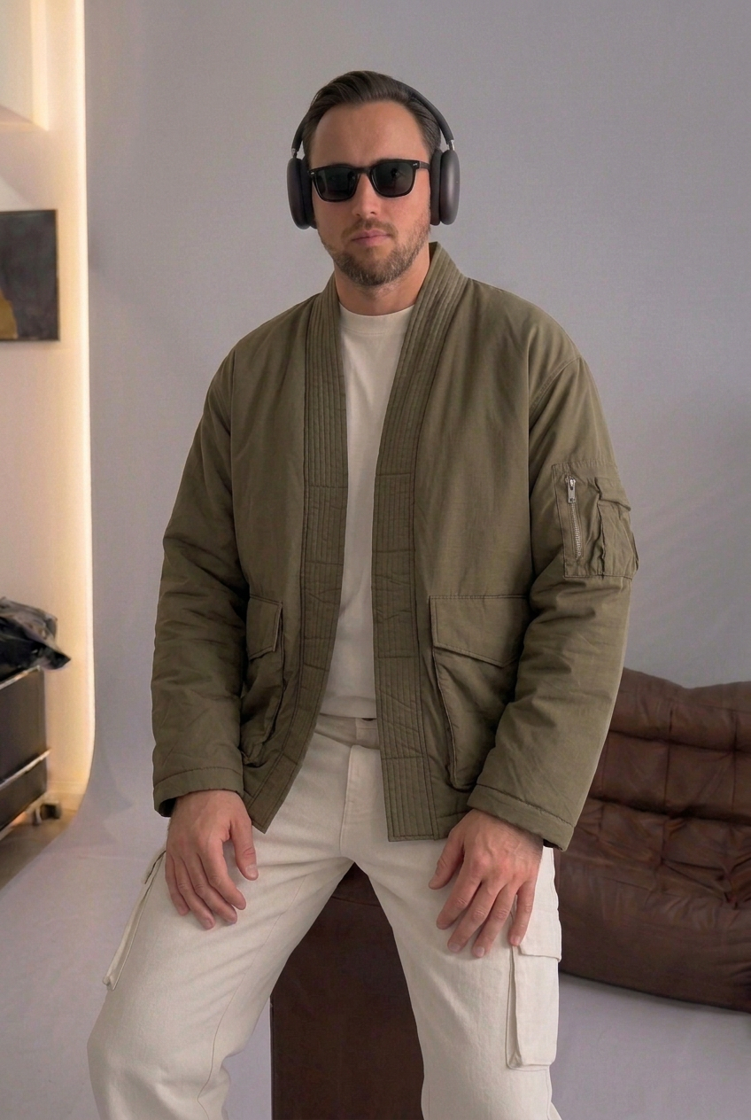 High-Neck Kimono Bomber Jacket – Khaki