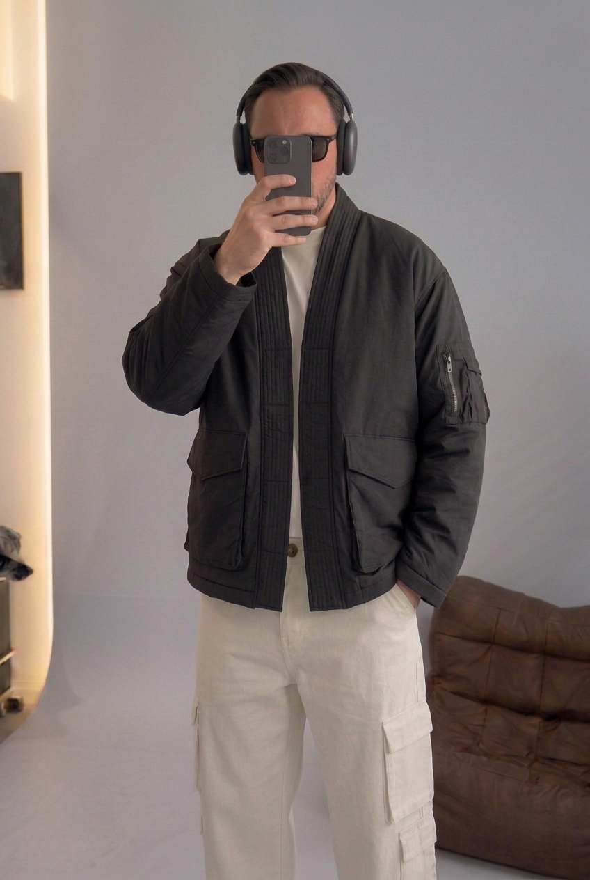 High-Neck Kimono Bomber Jacket – Black