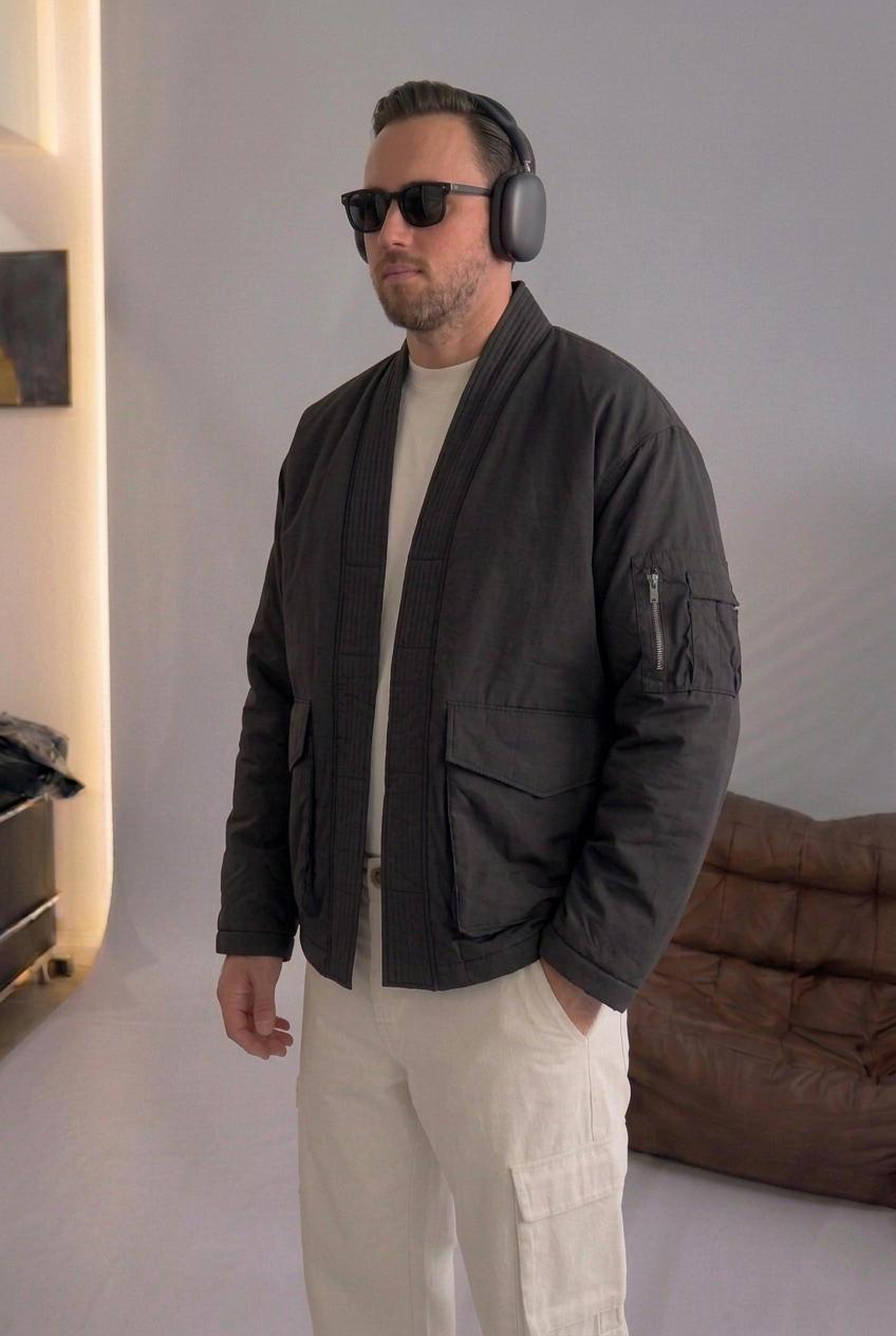 High-Neck Kimono Bomber Jacket – Black