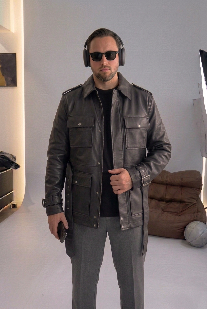 Leather Jacket with Belt & Cargo Pockets – Black