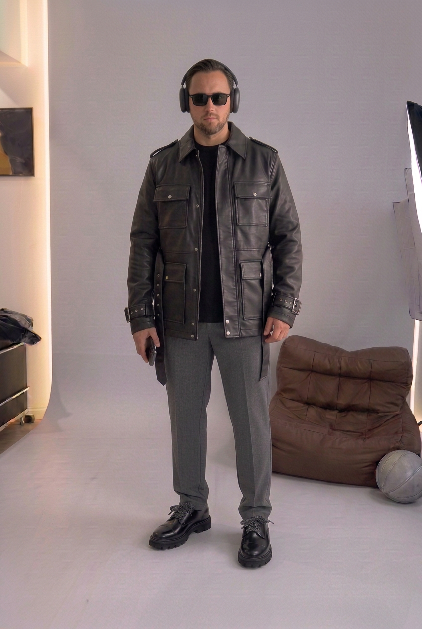 Leather Jacket with Belt & Cargo Pockets – Black