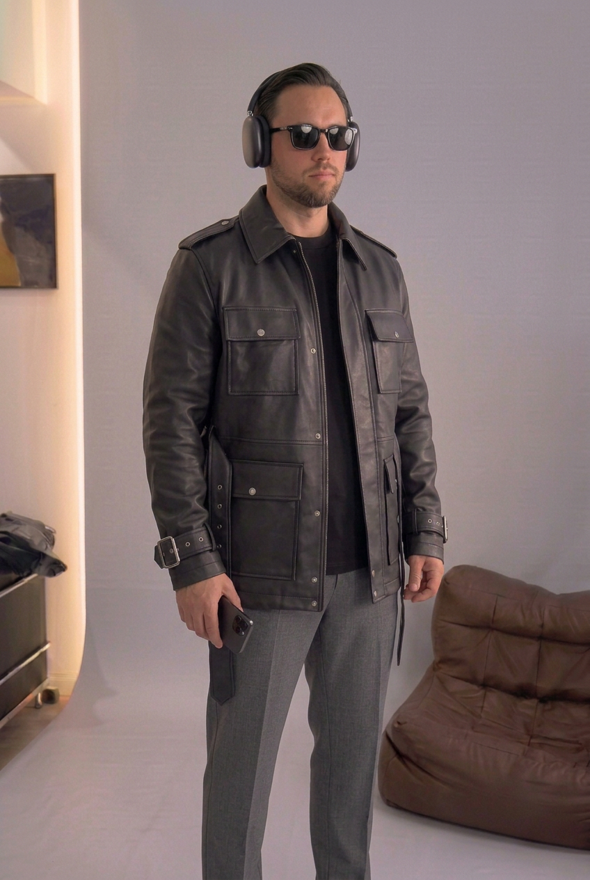 Leather Jacket with Belt & Cargo Pockets – Black