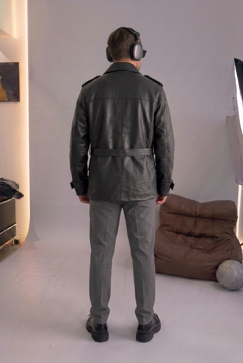 Leather Jacket with Belt & Cargo Pockets – Black