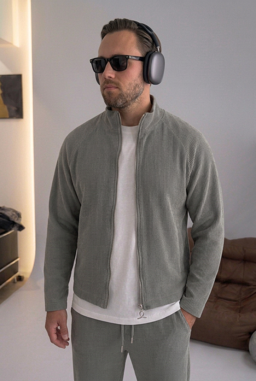 Crop Jacket with Textured Rib Knit & Zip – Grey