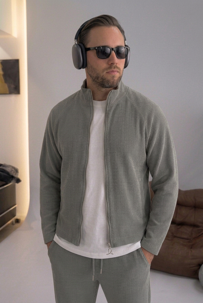 Crop Jacket with Textured Rib Knit & Zip – Grey