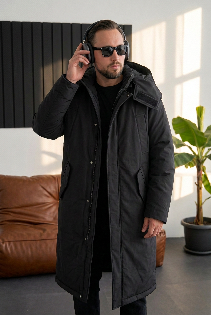 Long Parka Jacket with Detachable Hood – Black