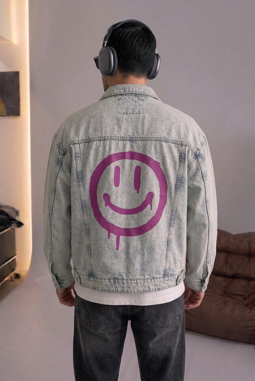 Acid-Wash Smiley-Drip Denim Jacket – Light Blue