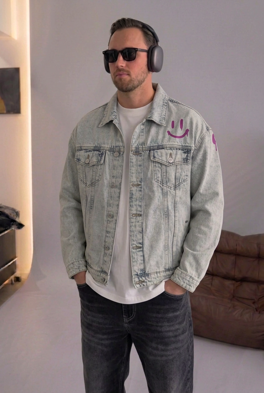 Acid-Wash Smiley-Drip Denim Jacket – Light Blue