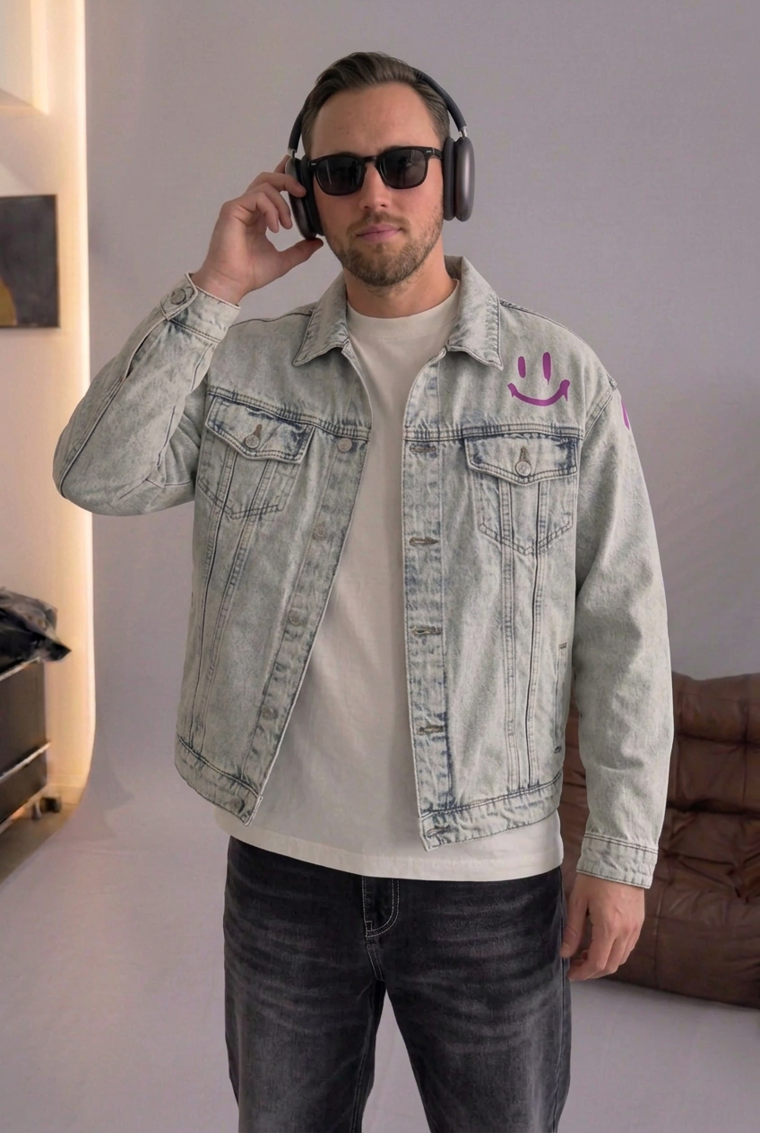 Acid-Wash Smiley-Drip Denim Jacket – Light Blue