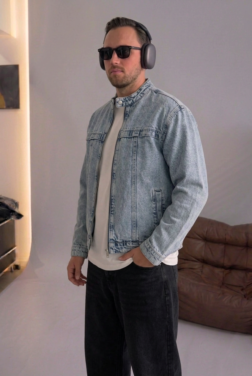 Denim Jacket Acid-Wash Racer – Blue