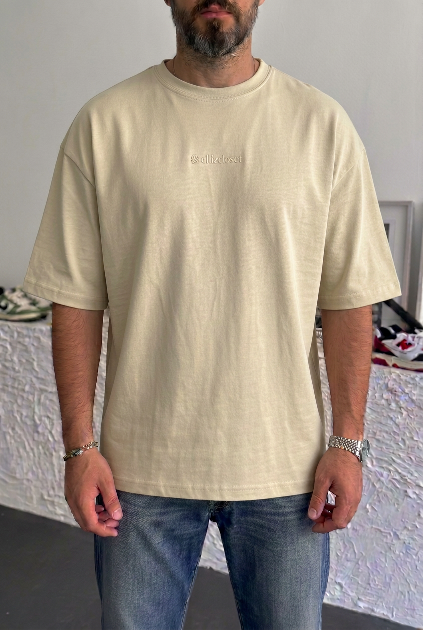Basic Oversized T-Shirt with Logo – Beige
