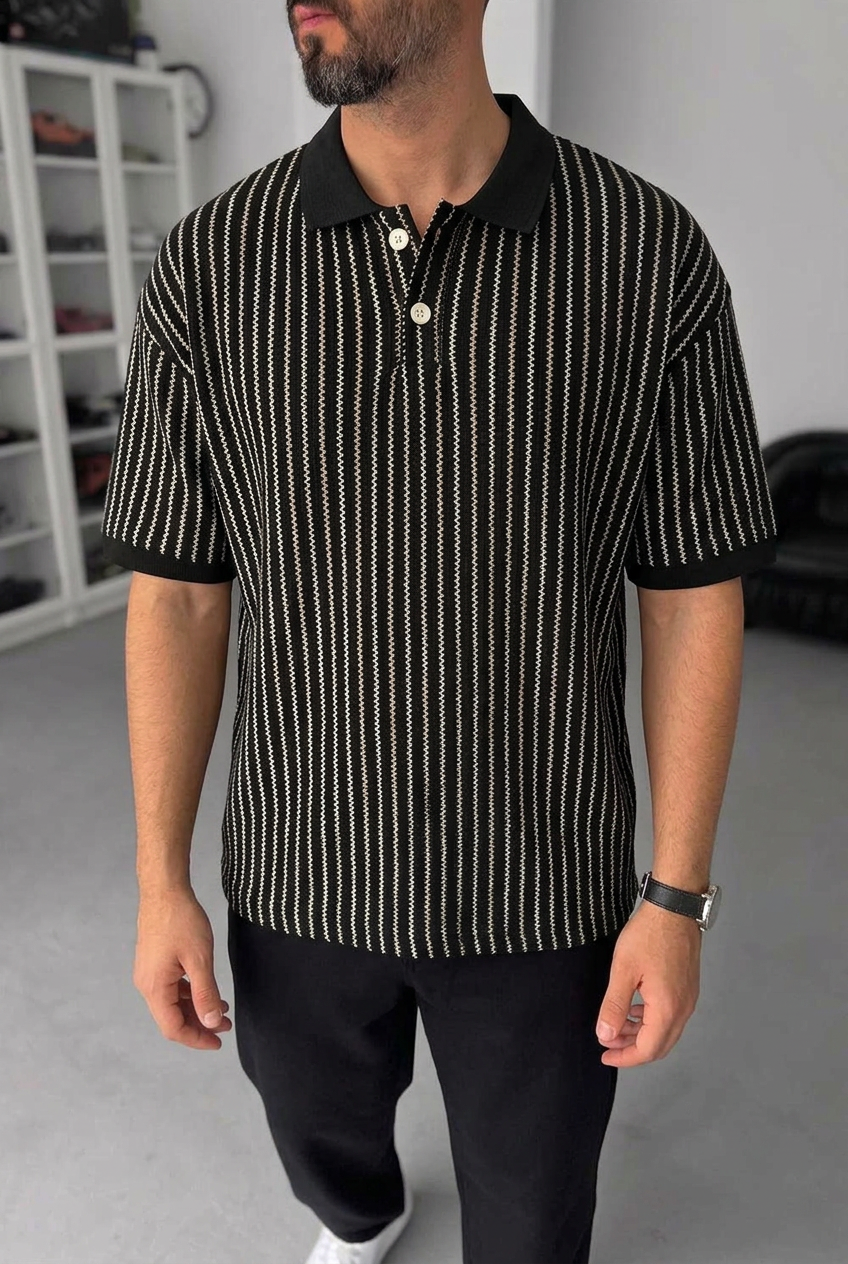 Ρετρό Ριγέ Πλεκτό Polo T-Shirt - Μαύρο