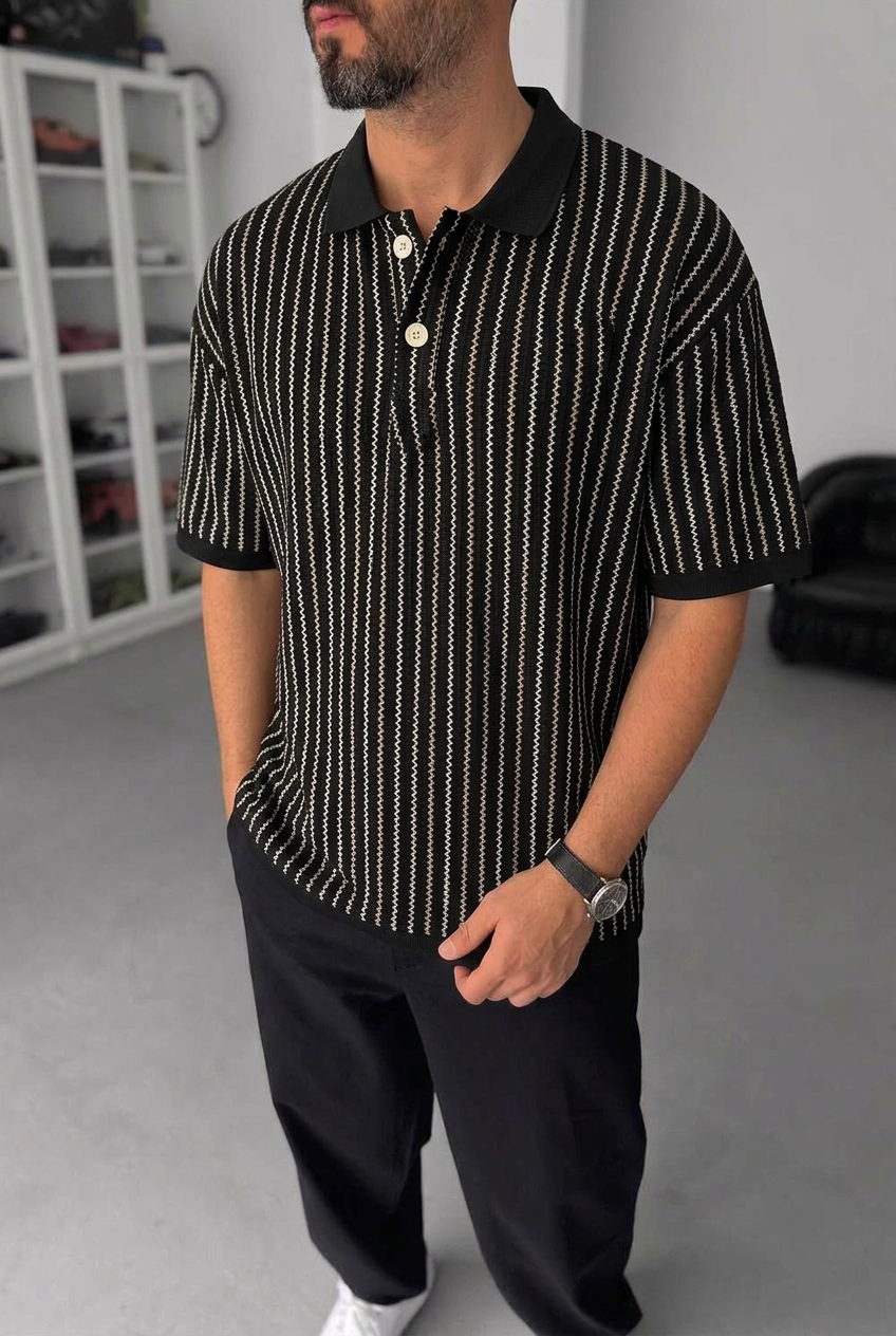 Ρετρό Ριγέ Πλεκτό Polo T-Shirt - Μαύρο
