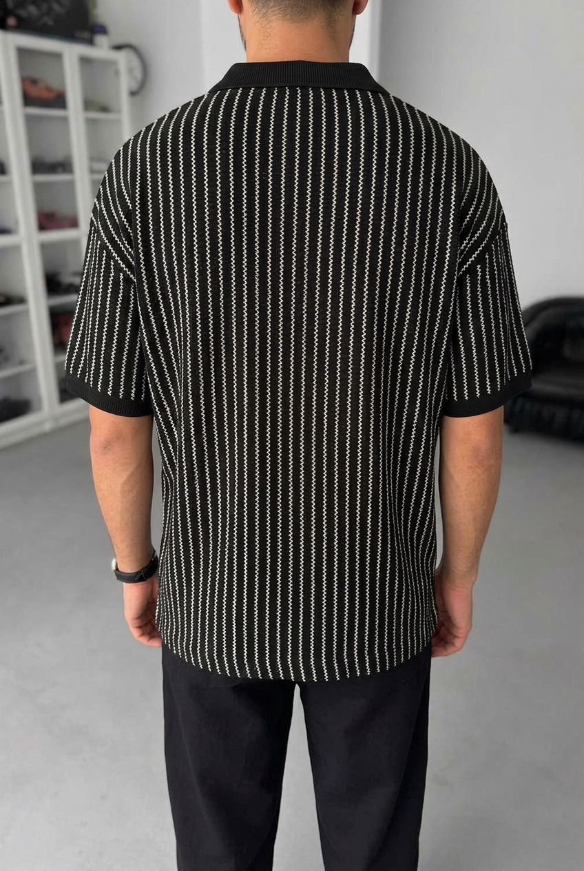 Ρετρό Ριγέ Πλεκτό Polo T-Shirt - Μαύρο