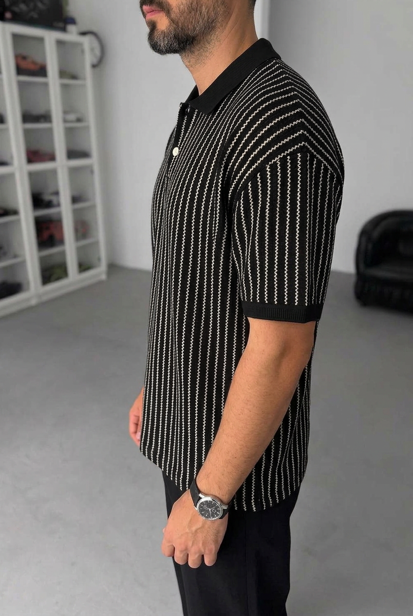 Ρετρό Ριγέ Πλεκτό Polo T-Shirt - Μαύρο