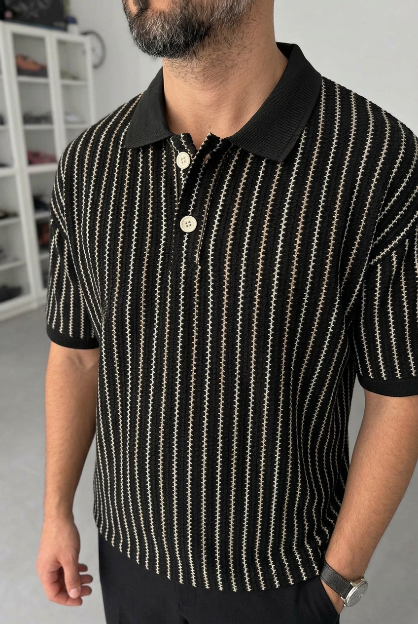 Ρετρό Ριγέ Πλεκτό Polo T-Shirt - Μαύρο
