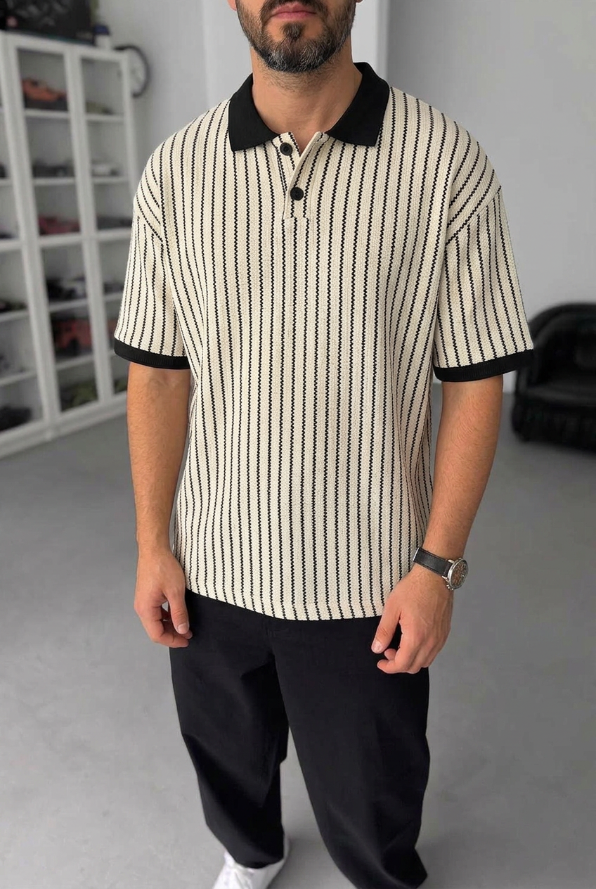Retro Striped Knit Polo Shirt – Beige