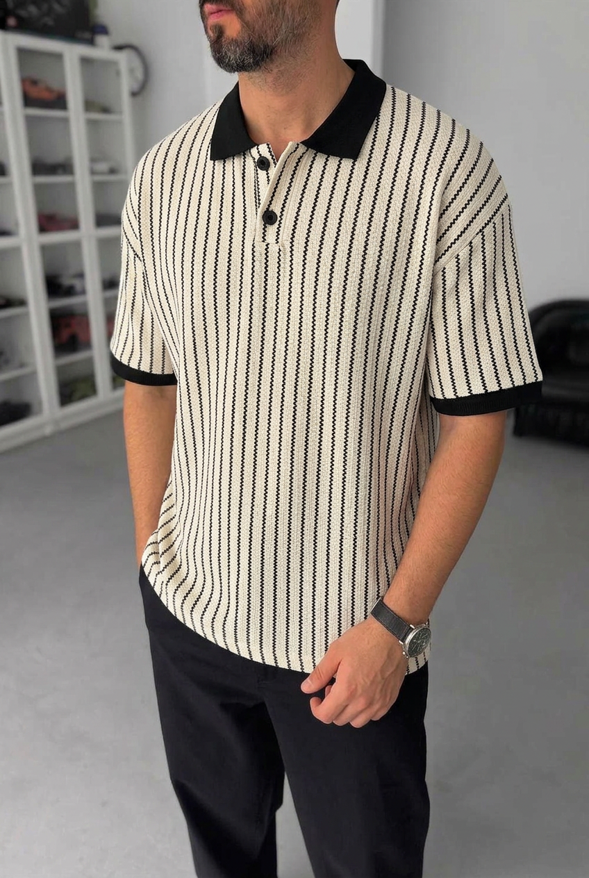 Retro Striped Knit Polo Shirt – Beige