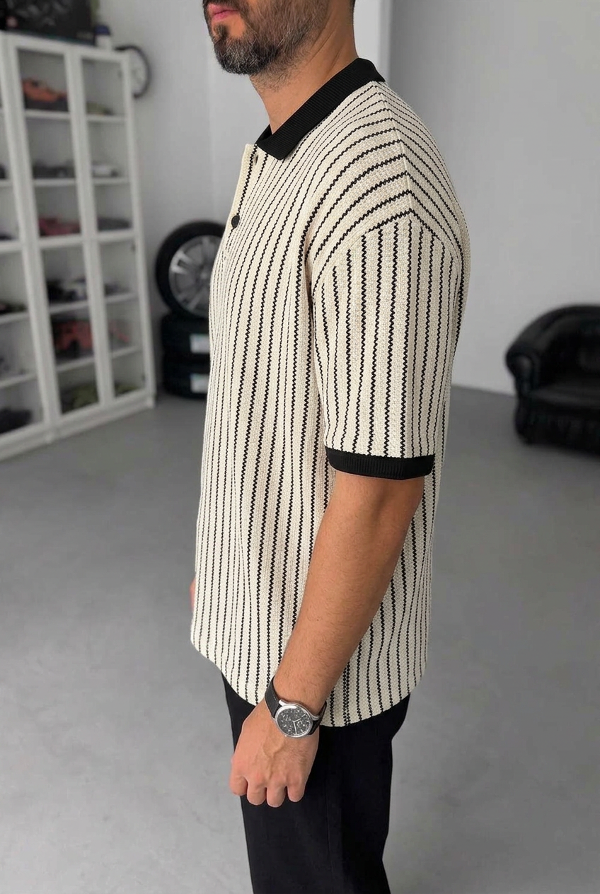 Retro Striped Knit Polo Shirt – Beige