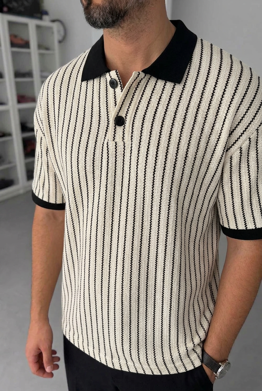 Retro Striped Knit Polo Shirt – Beige