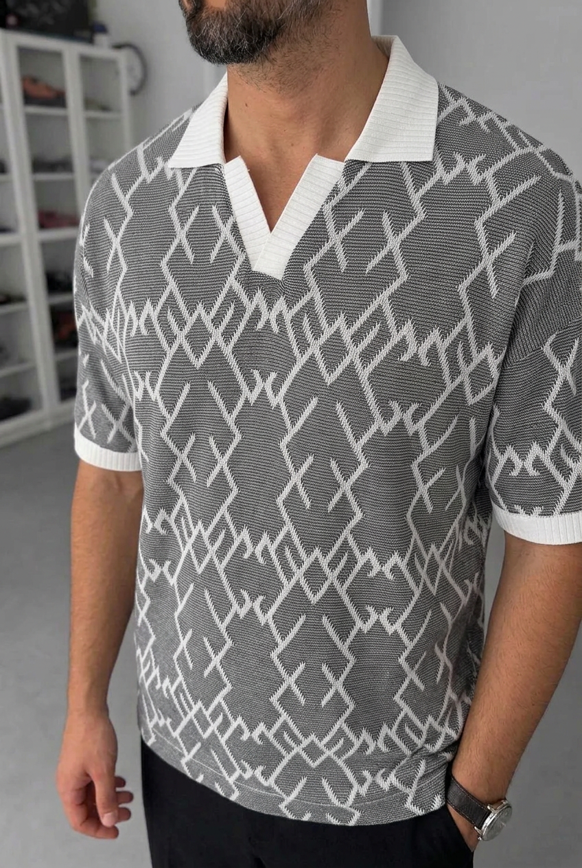 Knit Polo Shirt with Geometric Pattern – Grey