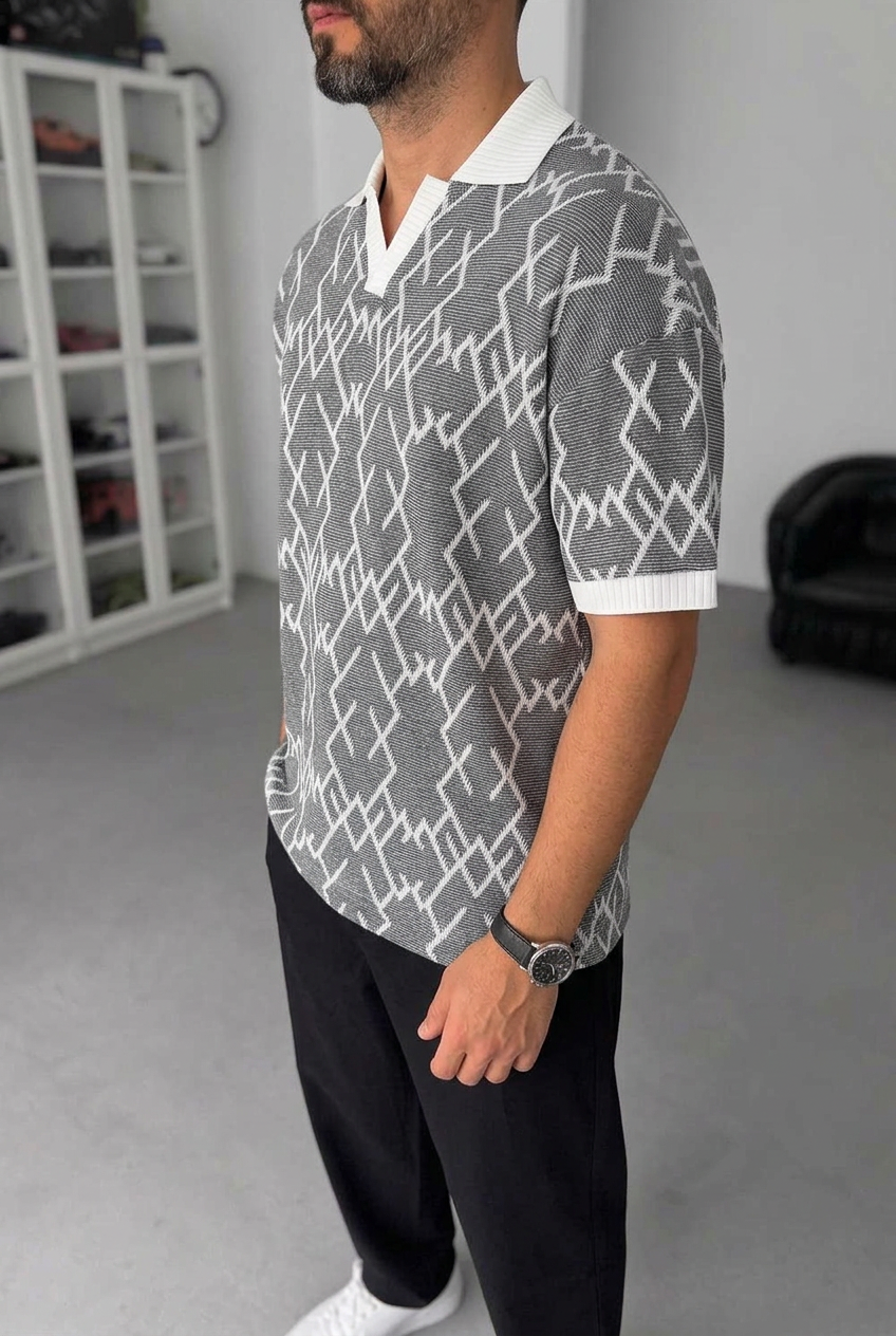 Knit Polo Shirt with Geometric Pattern – Grey