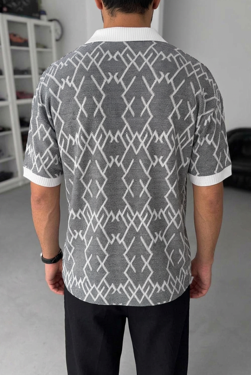 Knit Polo Shirt with Geometric Pattern – Grey