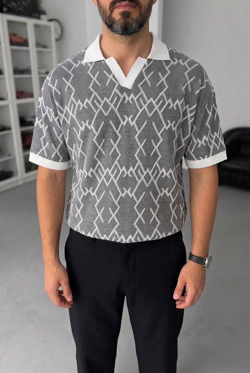 Knit Polo Shirt with Geometric Pattern – Grey